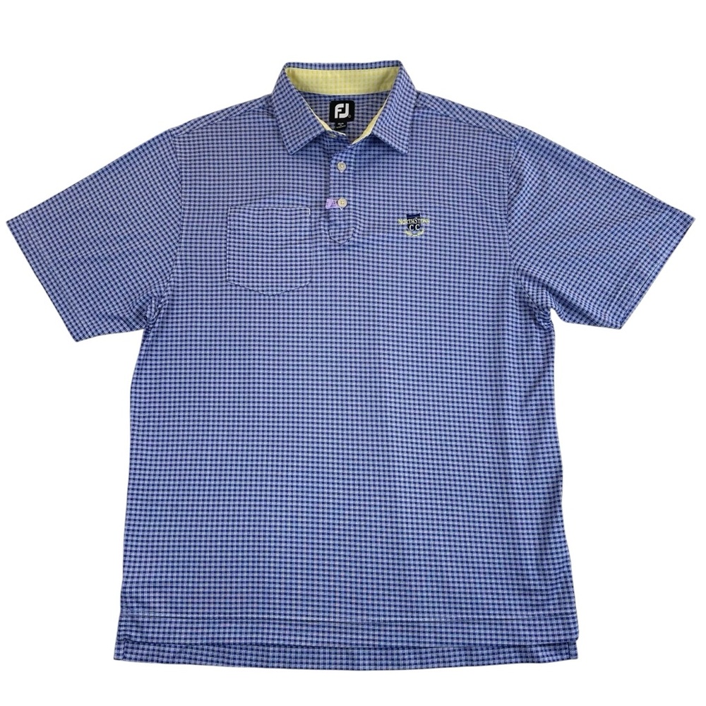 FJ Footjoy Geometric Polo Golf Shirt Mens Large Blue Pocket North Shore CC